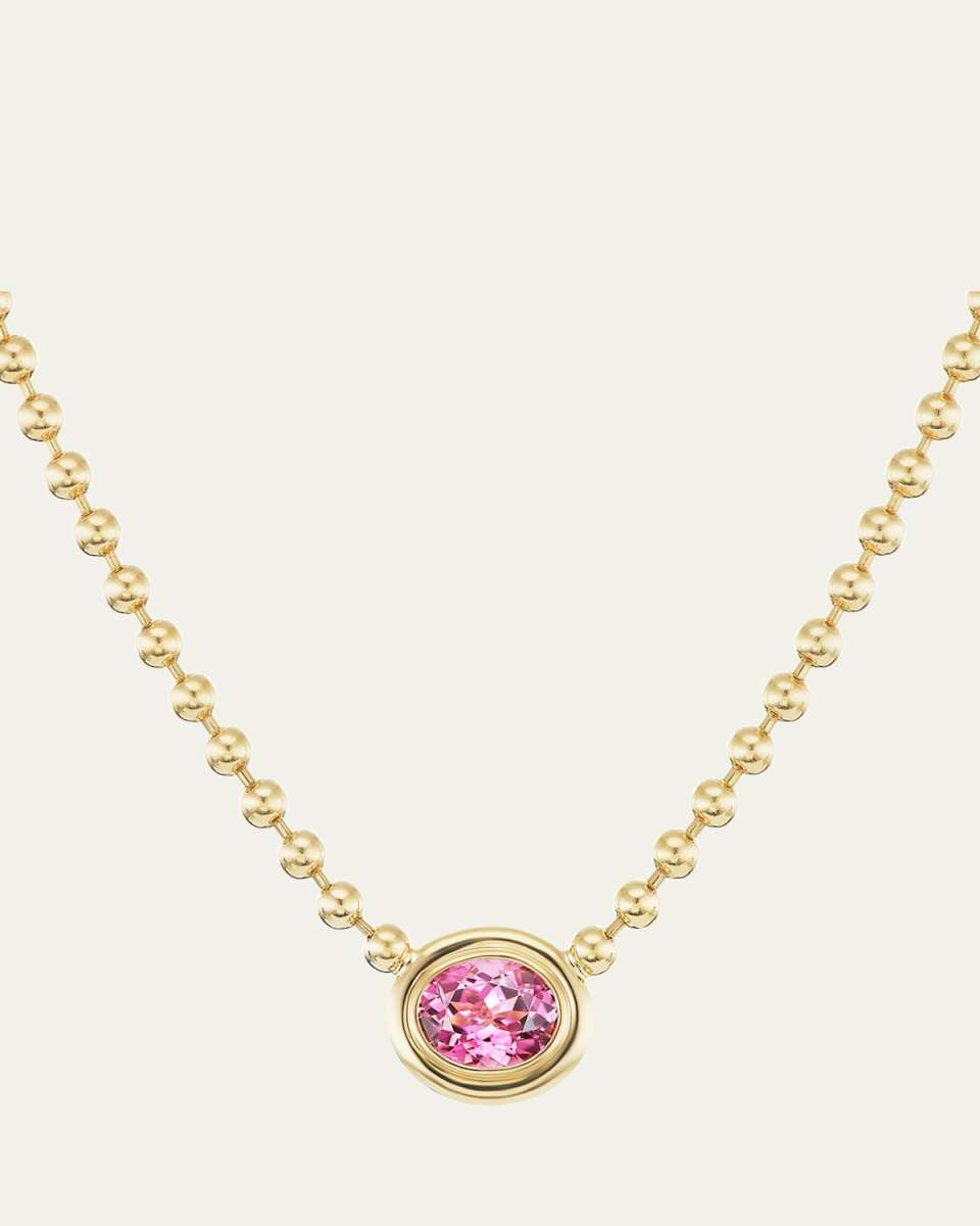18K Yellow Gold Double Bubble Bezel Pink Tourmaline Oval Pendant Necklace